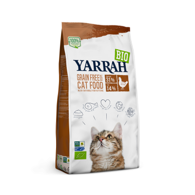 La photo d'un paquet de croquettes biologiques sans céréales pour chats classiques de la marque "Yarrah"
