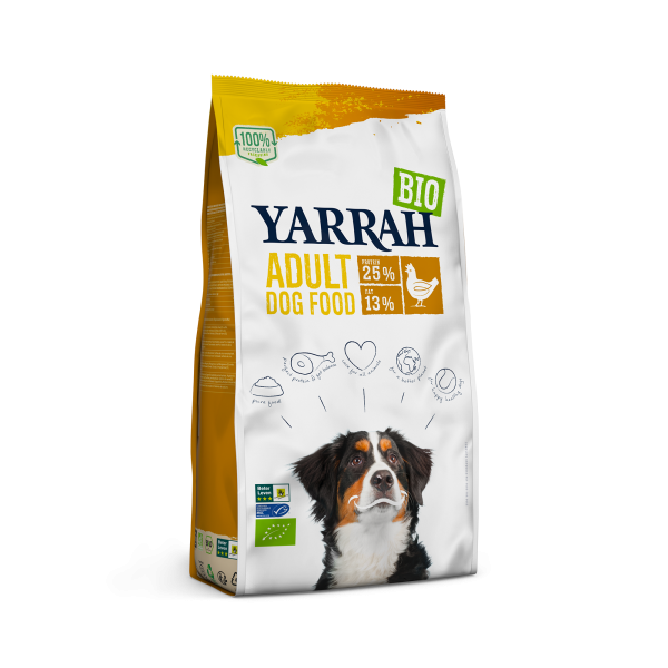 La photo d'un paquet de croquettes biologiques pour chiens adultes de la marque "Yarrah"