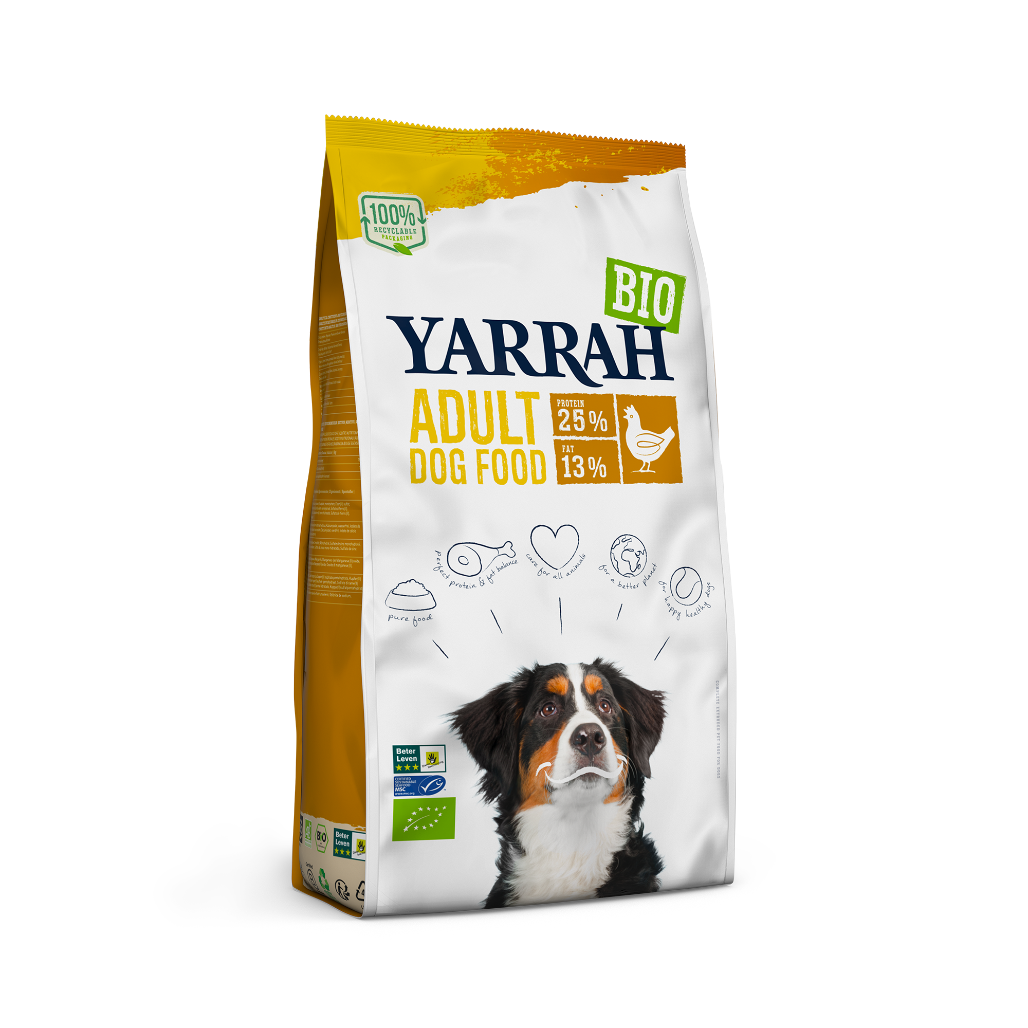 La photo d'un paquet de croquettes biologiques pour chiens adultes de la marque "Yarrah"