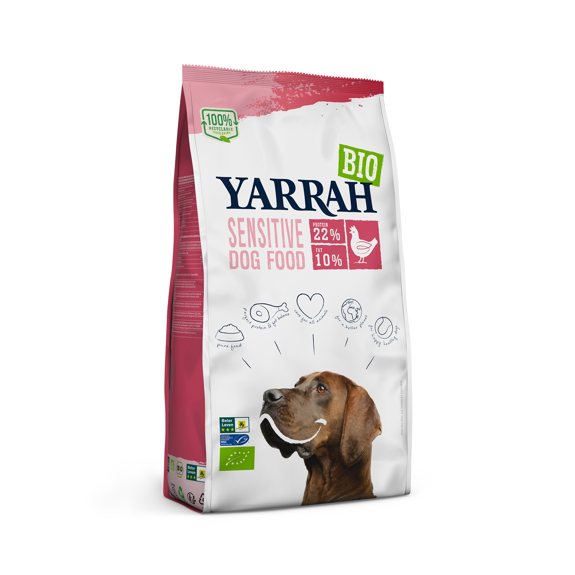 La photo d'un paquet de croquettes biologiques pour chiens sensibles de la marque "Yarrah"