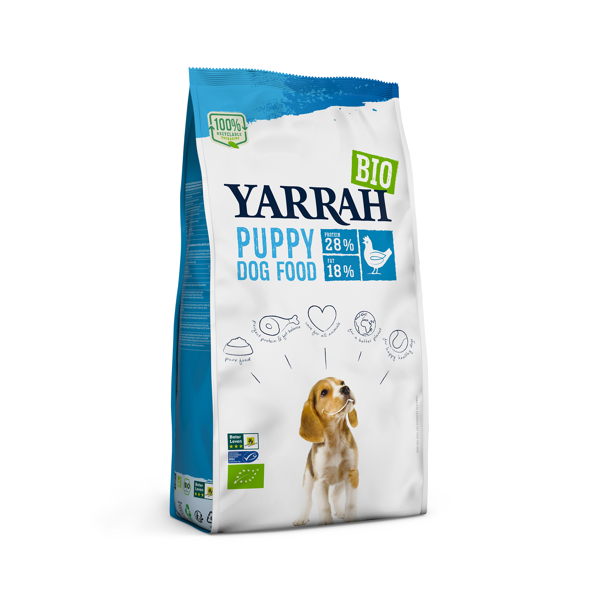 La photo d'un paquet de croquettes biologiques pour chiots de la marque "Yarrah"