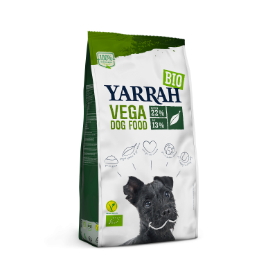 La photo d'un paquet de croquettes biologiques végétariennes pour chiens adultes de la marque "Yarrah"