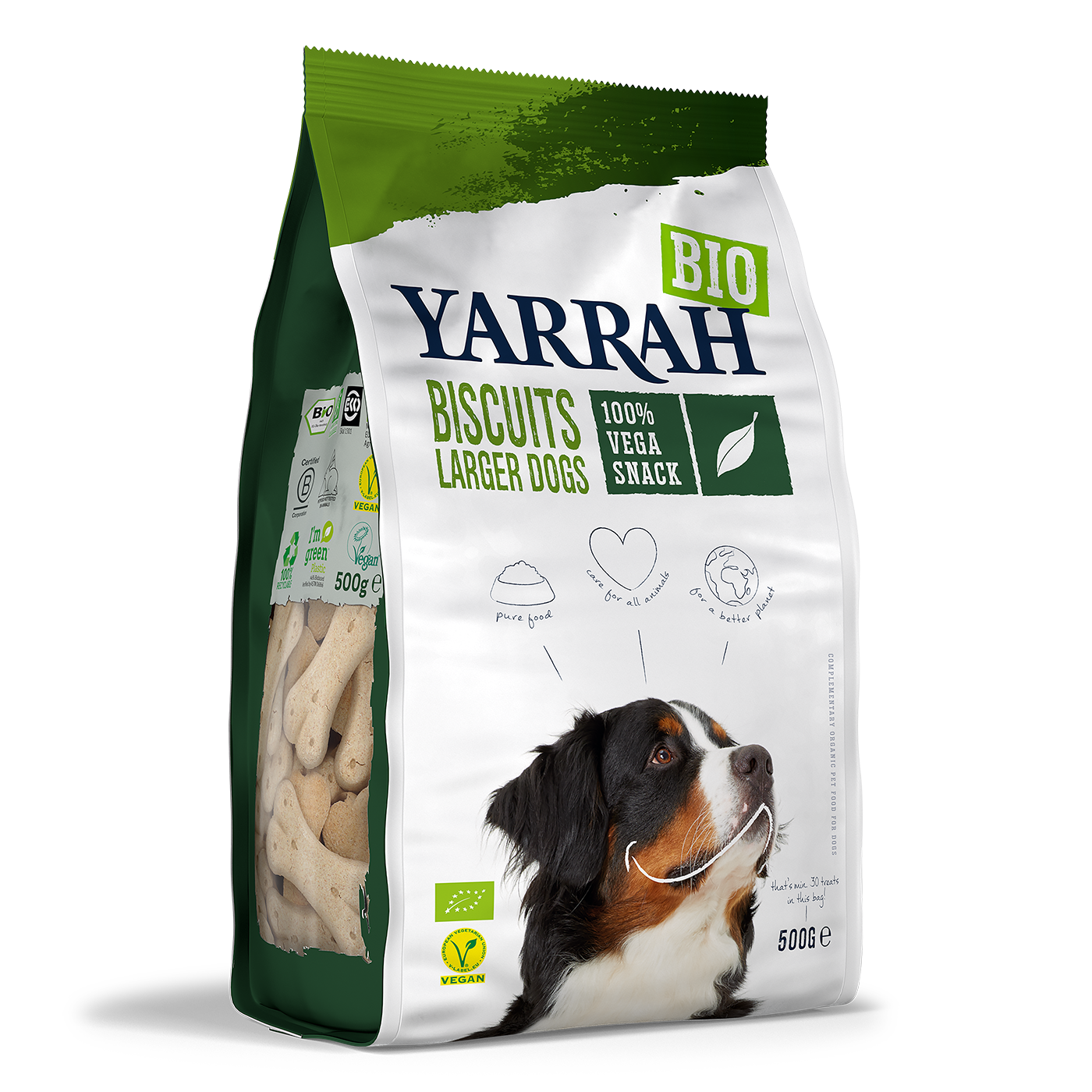 La photo d'un paquet de friandises biologiques pour chiens de grandes races de la marque "Yarrah"