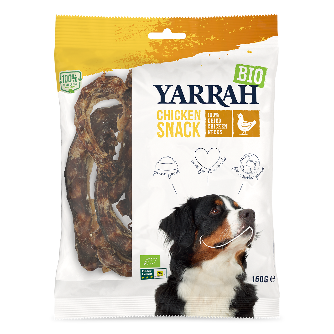 La photo d'un paquet de friandise en cous de poulets biologiques de la marque "Yarrah" pour chiens