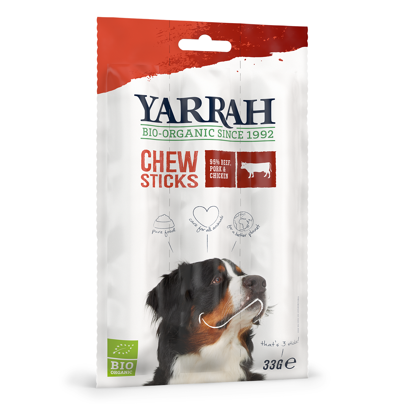 La photo d'un paquet de bâtonnets biologiques pour chiens de la marque "Yarrah"