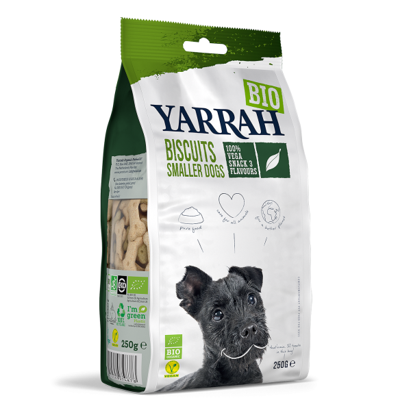 La photo d'un paquet de friandises biologiques pour chiens de petites races de la marque "Yarrah"