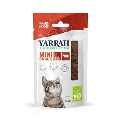 La photo d'un paquet de mini-friandises biologiques de la marque "Yarrah" pour chats