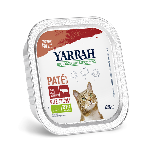 La photo d'un paquet de pâté biologique au boeuf pour chats de la marque "Yarrah"