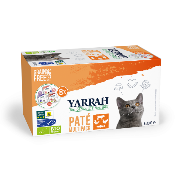 La photo d'une boite de pâtés biologiques aux 3 saveurs pour chats de la marque "Yarrah"