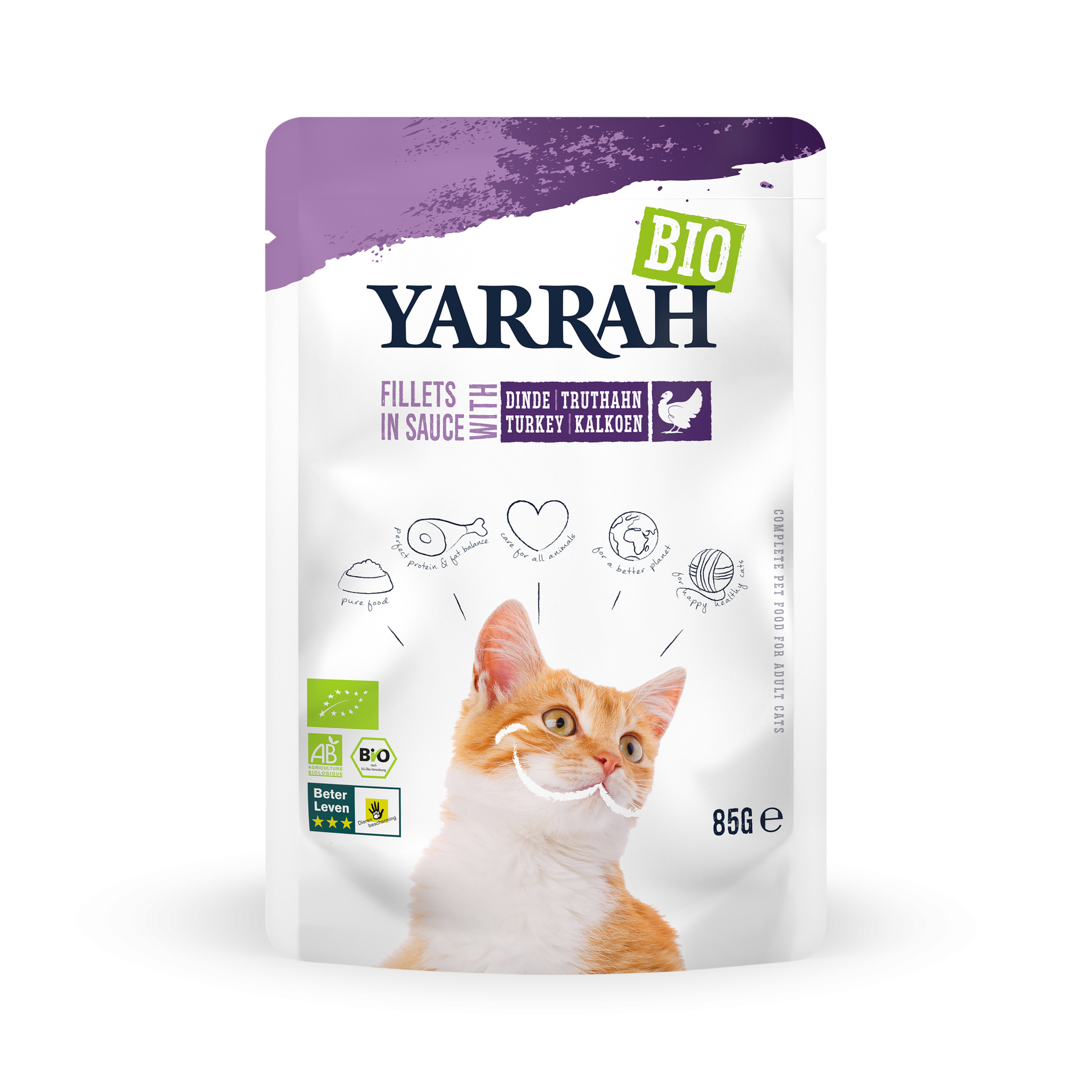 La photo d'un paquet de filet biologique à la dinde en sauce pour chats de la marque "Yarrah"