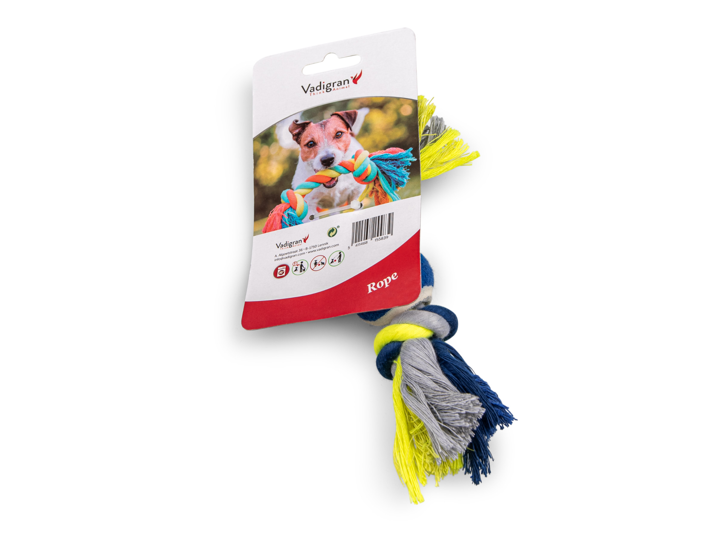 La photo d'une corde en coton pour chiens avec deux noeuds et une balle de tennis bleu et jaune entre ces deux noeuds.