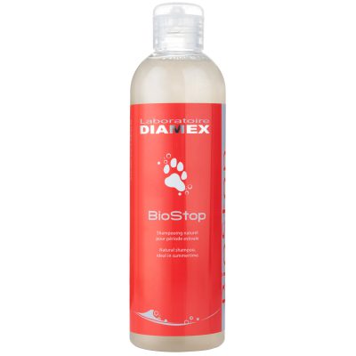 La photo d'un shampoing biologique biostop pour chiens de la marque Diamex