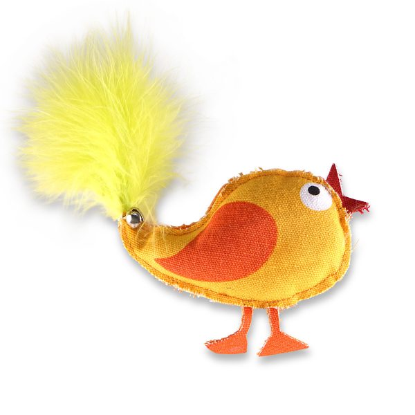 La photo d'un jouet en forme de poulet de couleur orange pour chats