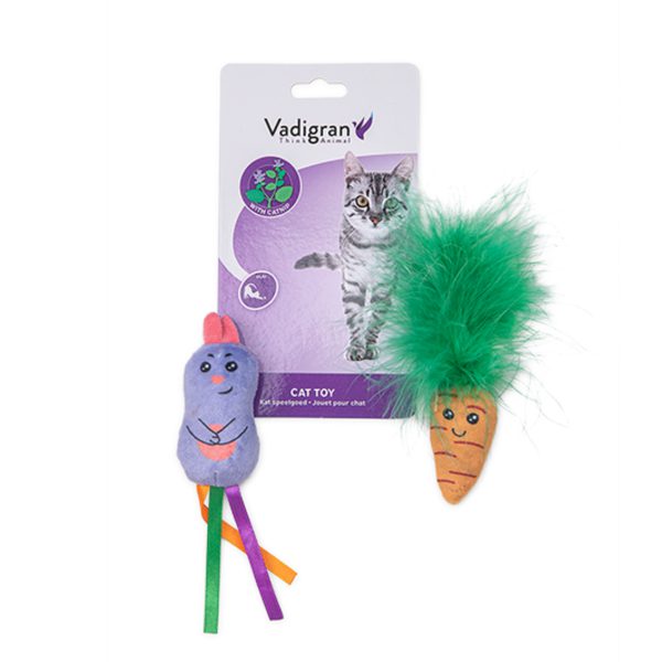 La photo d'une peluche lapin et d'une peluche carotte pour chats de la marque "Vadigran"